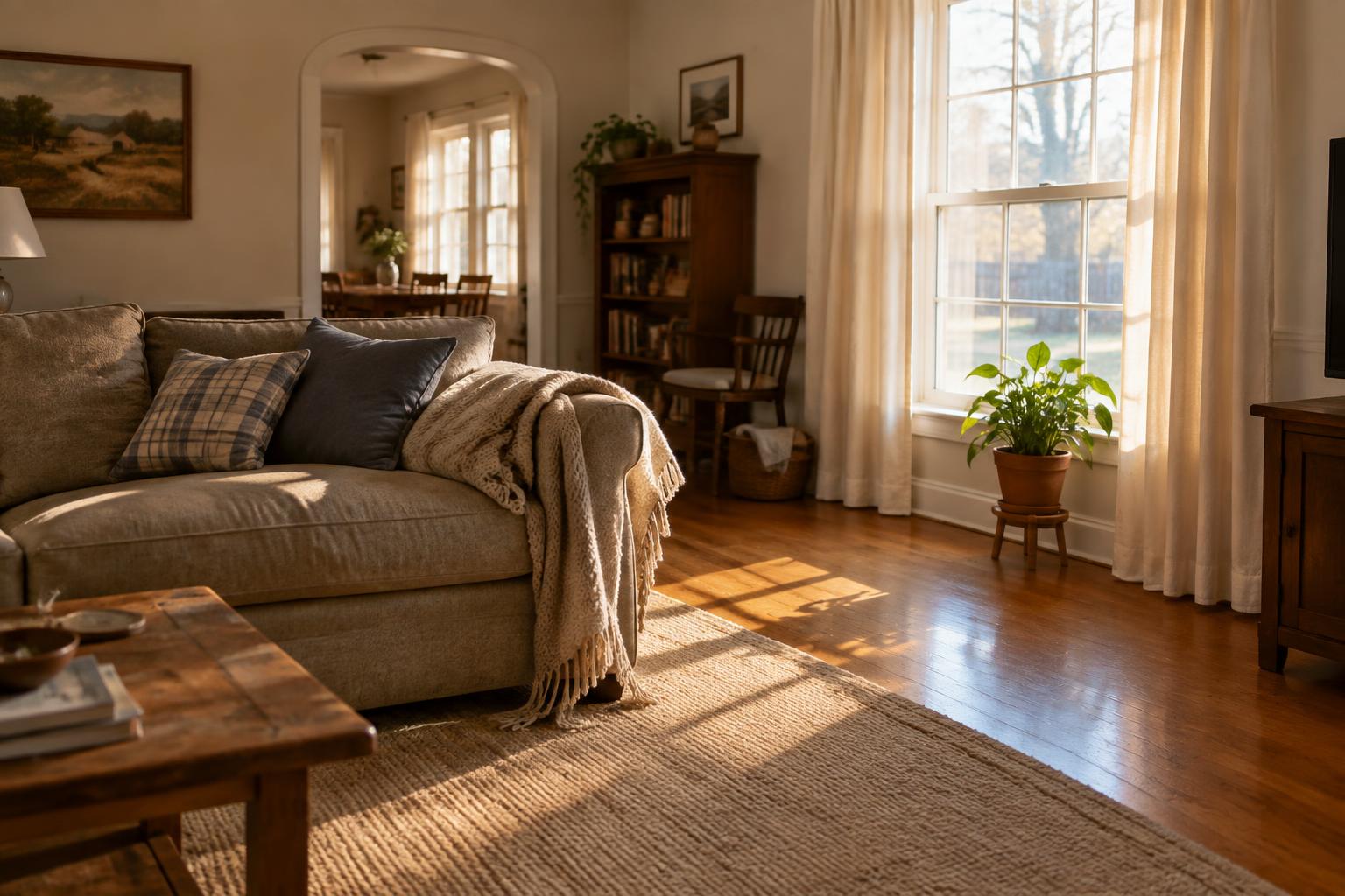 A sunlit living room in one of the Housed2Home residences, with a comfortable sofa and afternoon light across the floor