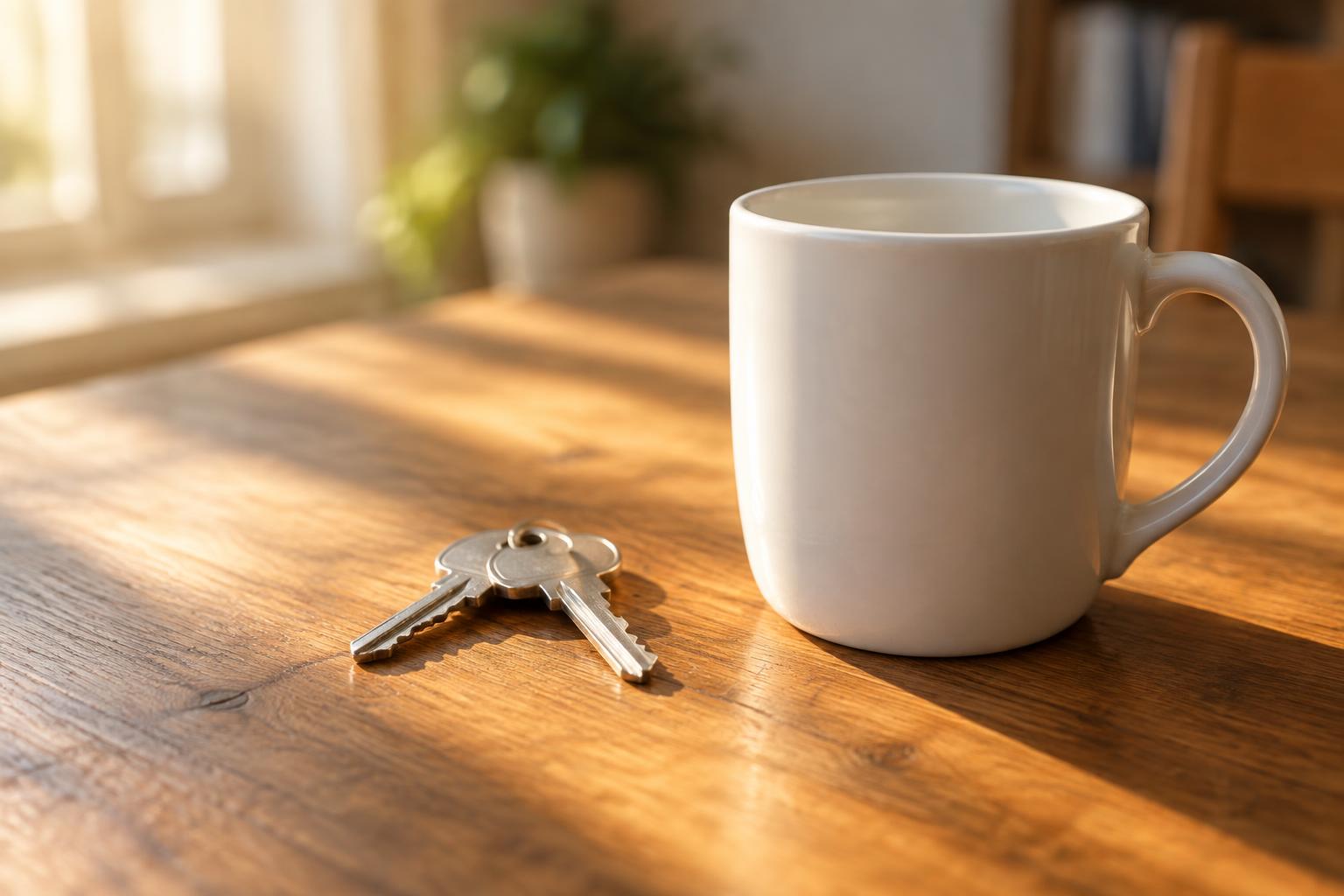 A set of house keys on a wooden table beside a coffee mug in warm morning light