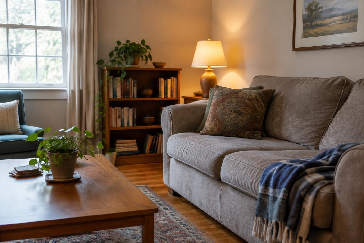 A comfortable shared living space in a Housed2Home residence, with a sofa, bookshelf and a warm lamp